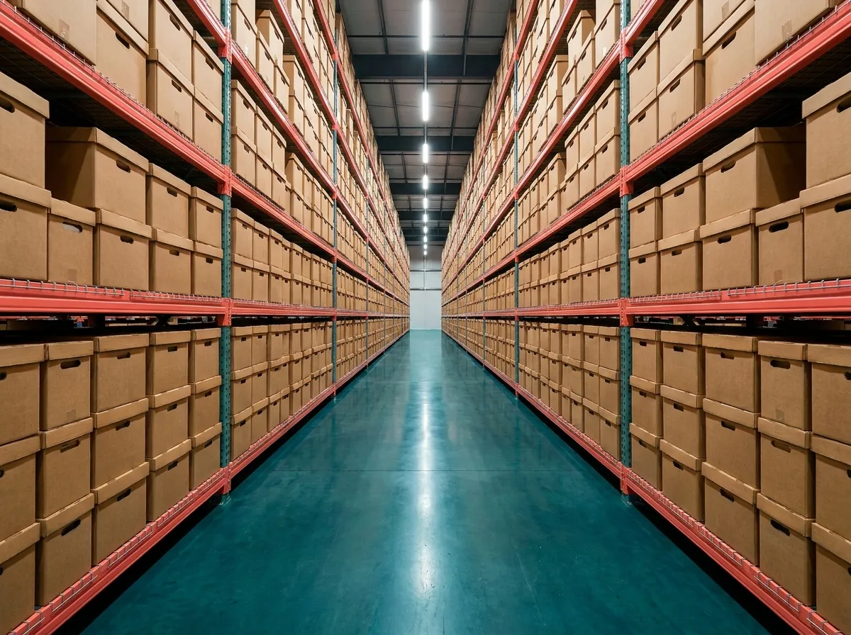 A long warehouse aisle of racks filled with parcels