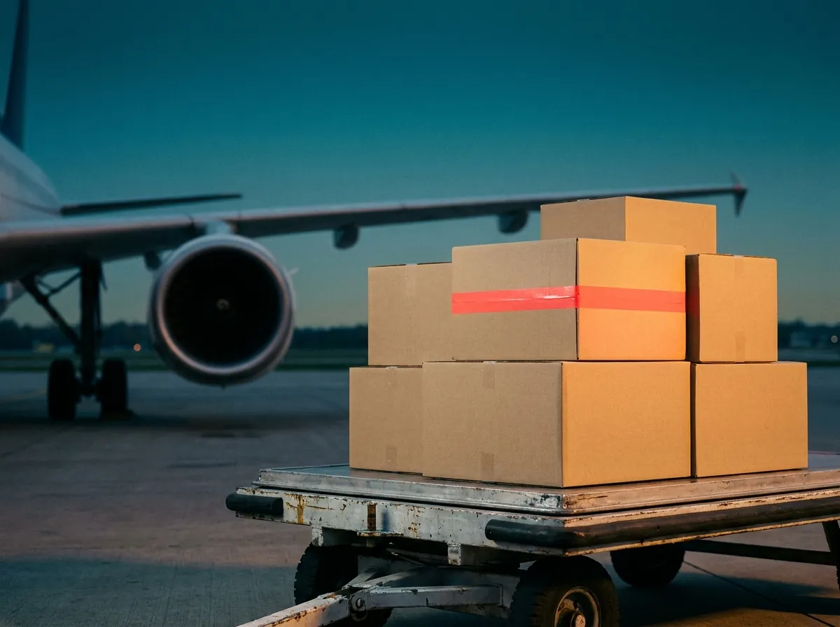 Parcels on a cargo dolly beside an aircraft at dusk