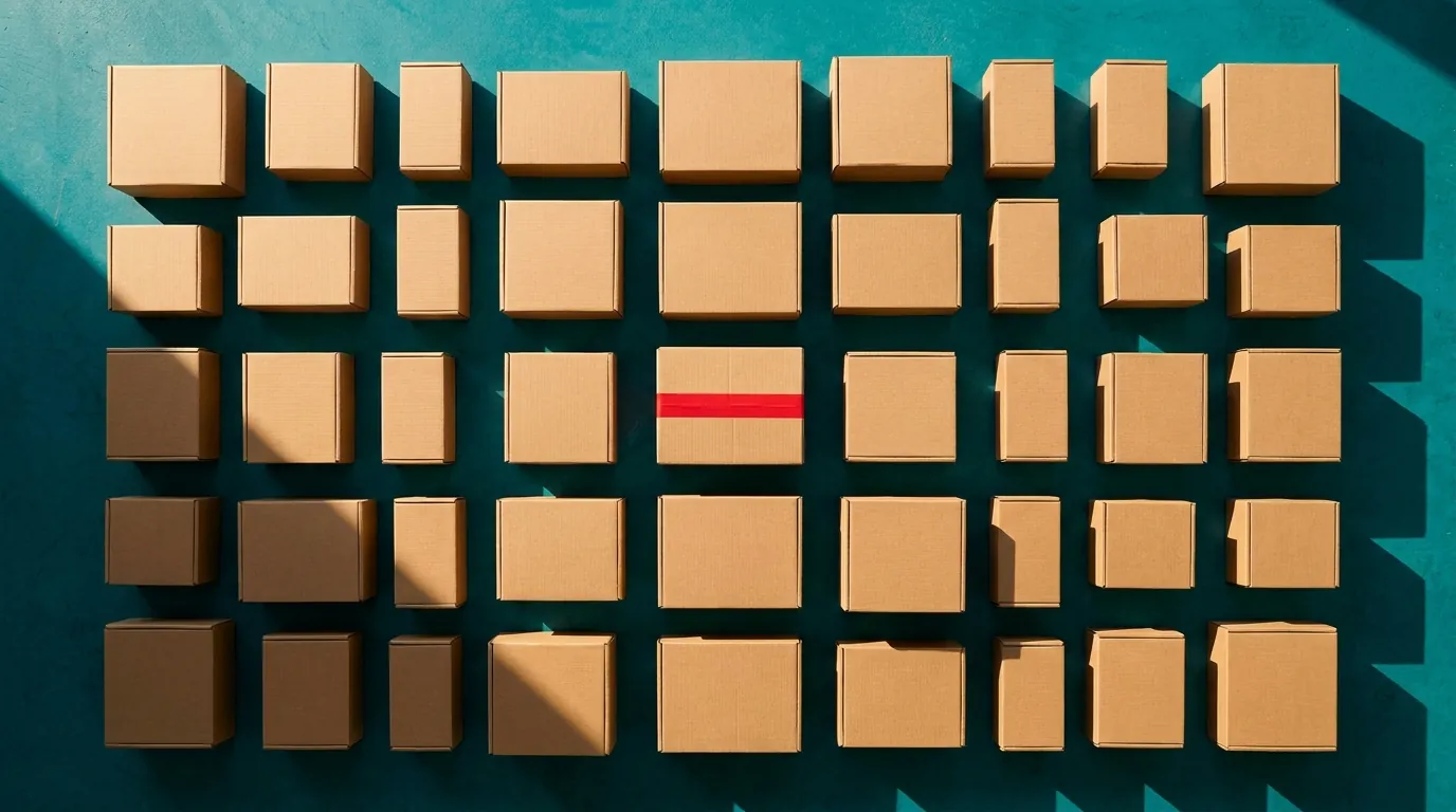 Rows of kraft parcels on a teal floor, one sealed with red tape